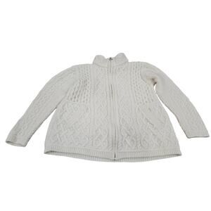 Aran Mor 100% Merino Wool Women's Cream Cable Knit Cardigan Sweater M Full Zip